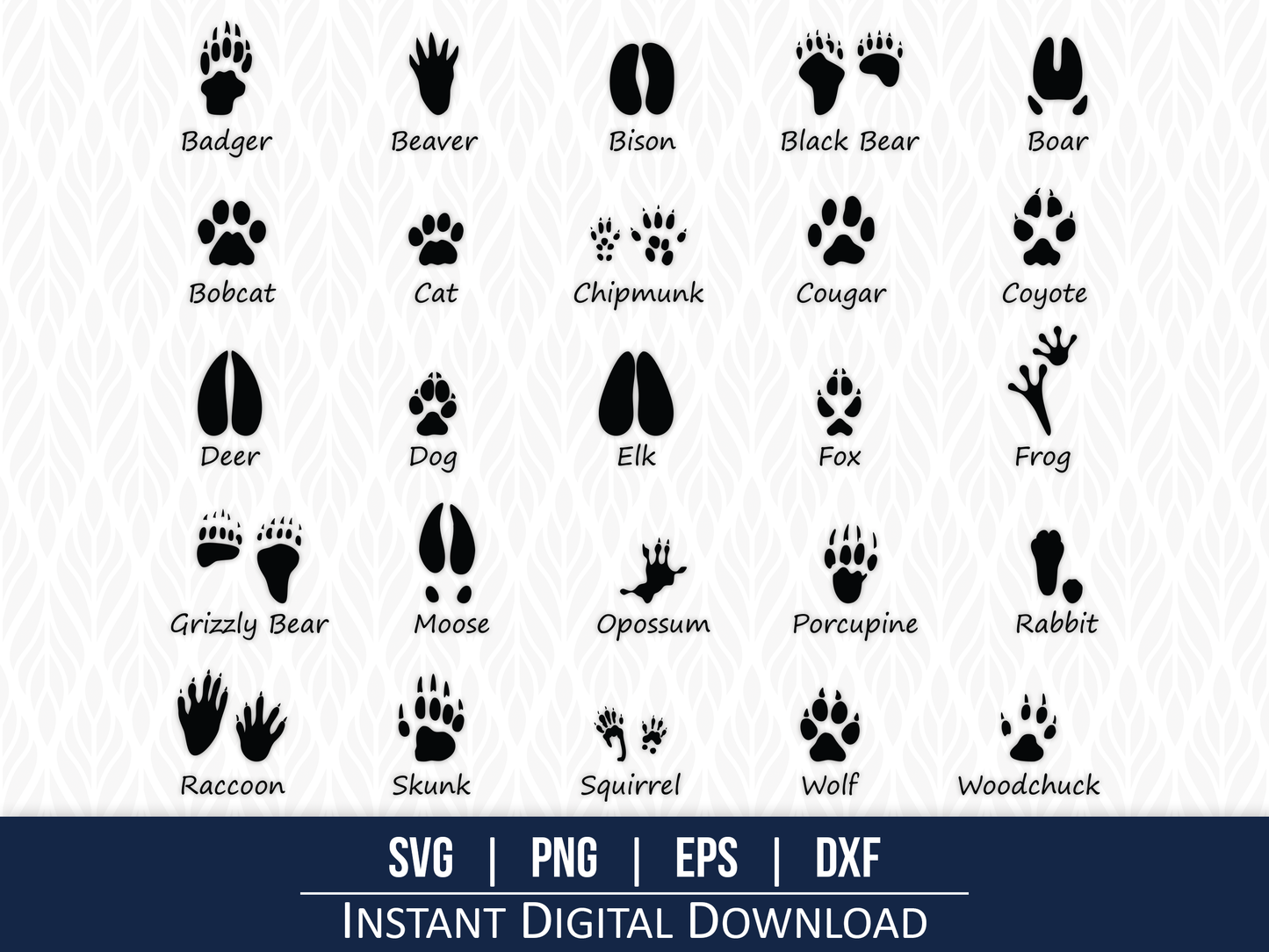 Animal tracks SVG bundle featuring 25 designs, including tracks of deer, bear, wolf, moose, raccoon, and more. Ideal for laser cutting, engraving, and crafting projects. High-quality vector files for nature-themed DIY projects.