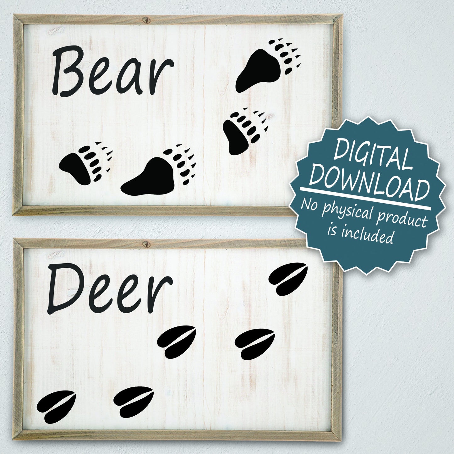 Animal tracks SVG bundle featuring 25 designs, including tracks of deer, bear, wolf, moose, raccoon, and more. Ideal for laser cutting, engraving, and crafting projects. High-quality vector files for nature-themed DIY projects.