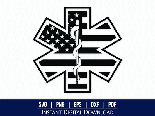 Show your support with our EMS Star of Life SVG featuring the American flag design. Perfect for laser cutting, engraving, and vinyl projects. This high-quality vector file is ideal for crafting EMS-themed gifts and décor. Instantly download and use with any cutting machine